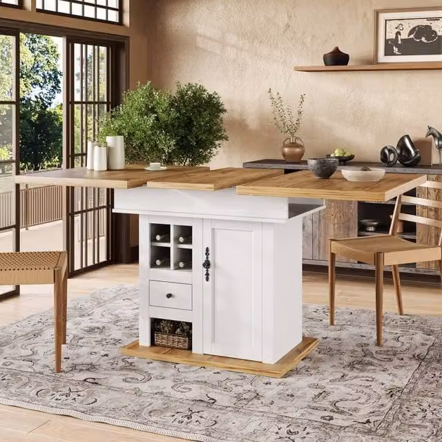 Merax Extendable Telescopic Dining Table with Wine Rack and Drawer Storage in White