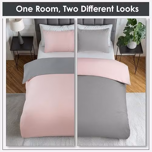 Voltico Reversible Microfibre Duvet Cover and Pillowcase Set in Pink and Grey – 2