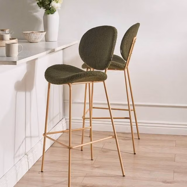 Wyld and Coco Astra Set of 2 Dark Green Boucle Bar Chairs with Wood-Look Metal Legs