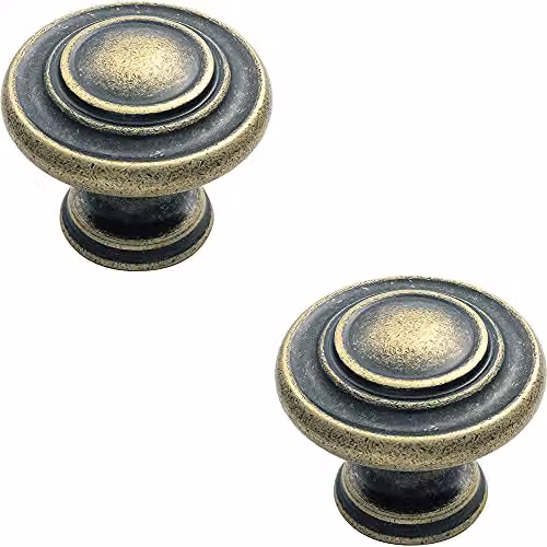 Loops 2 Pack Round Ringed Pattern Door Knobs in Antique Brass, Diameter: 32 mm
