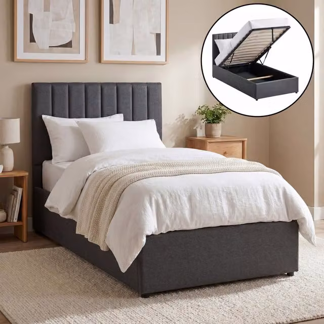 Vida Designs Vellaro Upholstered Ottoman Fabric Bed Frame in Grey, W/D/H: 90 x 200 x 103 cm