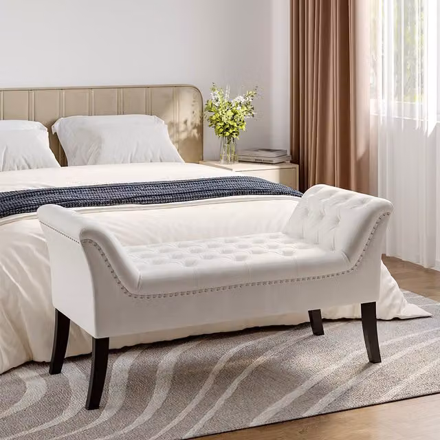 Livingandhome Straight Velvet Buttoned Bench with Wooden Legs in White
