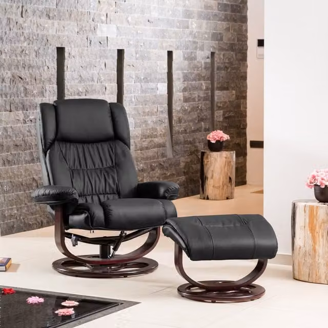 Artemis Home Gilchrist Swivel Recliner and Footstool in Black Synthetic Leather with Solid Wood Frame