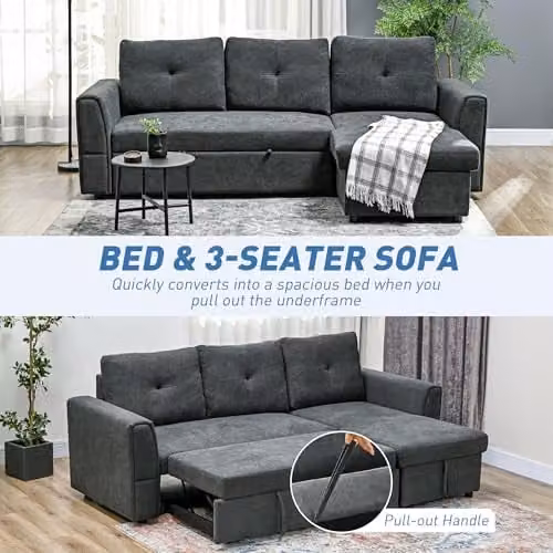 HOMCOM L-Shaped 3 Seater Pull Out Sofa Bed with Storage in Grey – 4