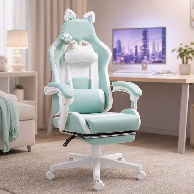 STILVORA Reclining Gaming Office Chair with Footrest and Headrest in Green Synthetic Leather – 1