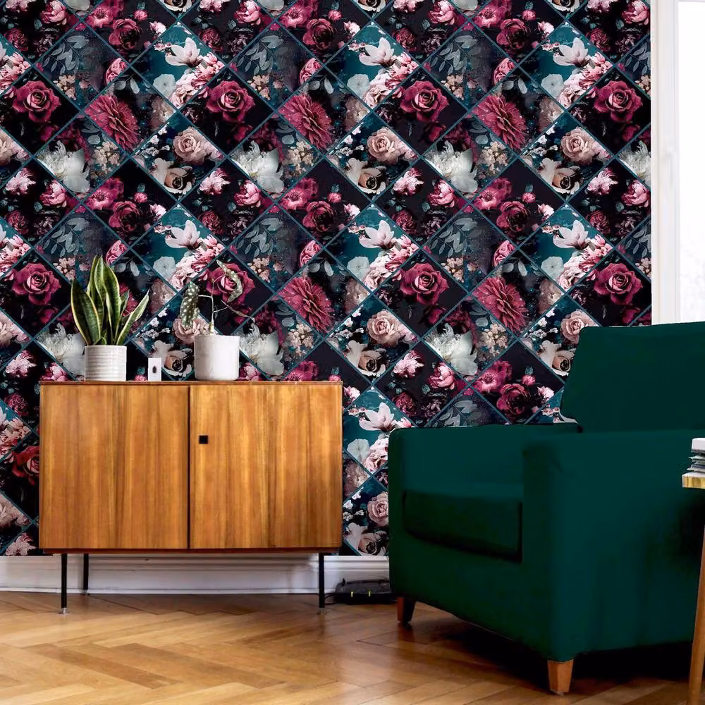 Arthouse Floral Collage Botanical Wallpaper in Purple and Petrol – 4
