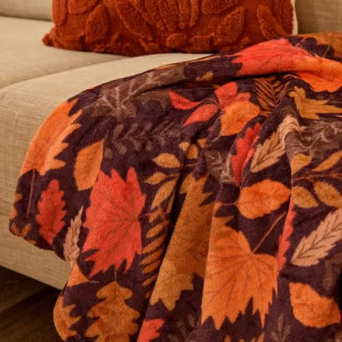 OHS Autumn Print Flannel Fleece Throw Blanket in Red, W/D/H: 125 x 150 cm – 2