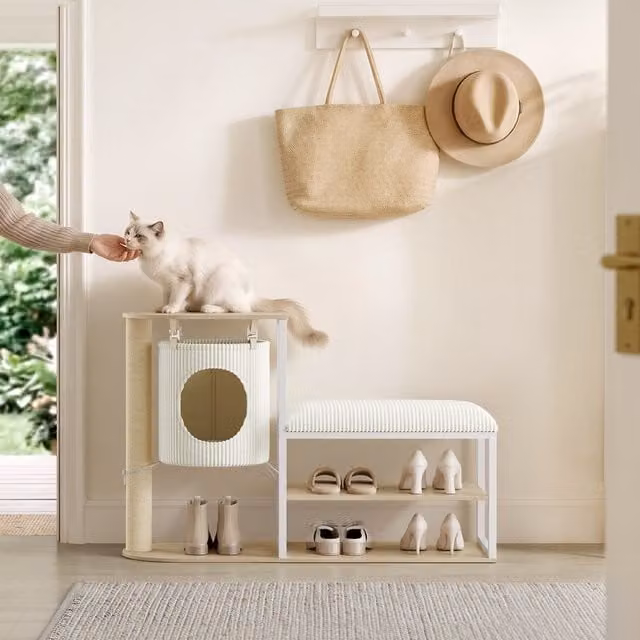 Yaheetech 2-in-1 Shoe Storage Bench and Cat Tower with Cave in Oak