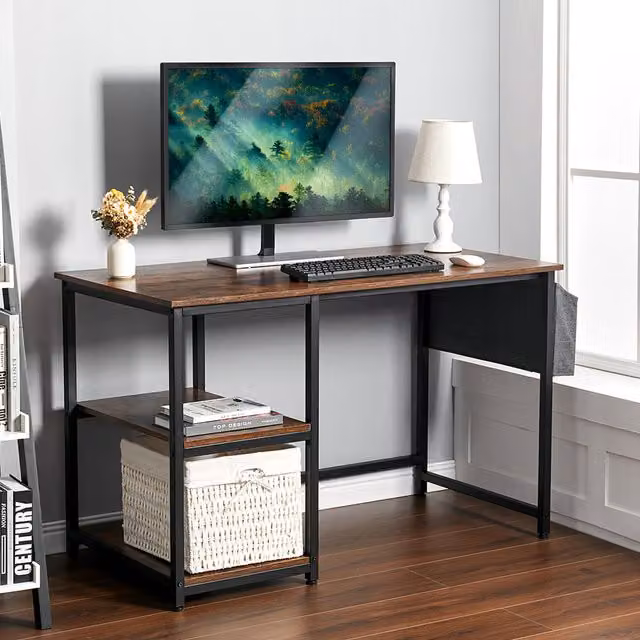 Livingandhome Industrial Rectangular Computer Desk with Shelves in White and Black