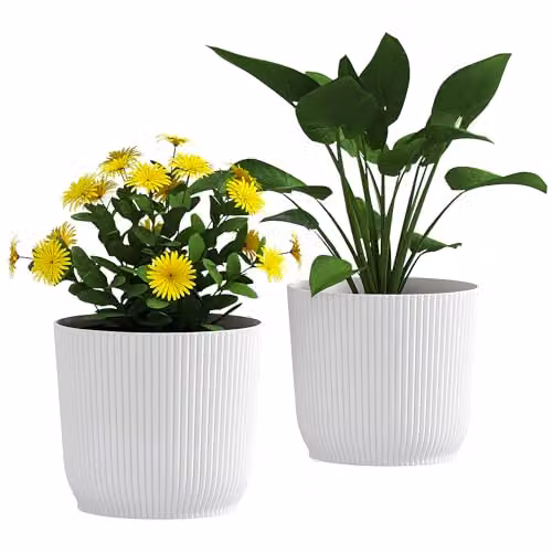 Outsunny Set of 2 White Plastic Round Plant Pots and Garden Planters, Diameter: 22 cm
