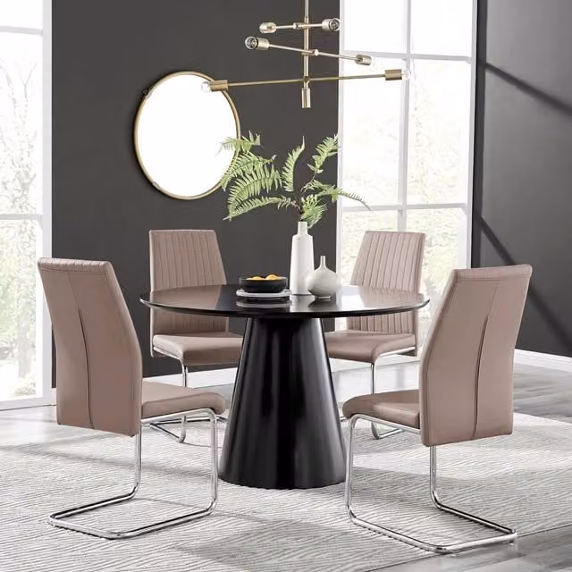 FurnitureboxUK Palma Black Semi Gloss Round Dining Table and 4 Lorenzo Chairs in Cappuccino