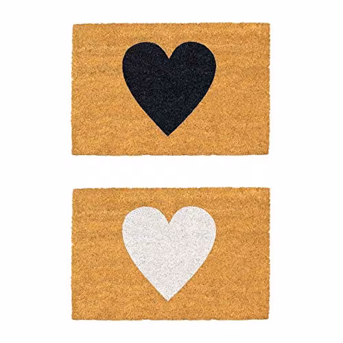 Nicola Spring Non-Slip Coir Door Mat Set with White and Black Graphic Hearts, W: 60 cm, D: 40 cm