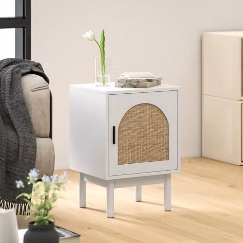 HOMCOM Boho Rattan Bedside Table with Hinged Door and Adjustable Internal Shelf in White – 3