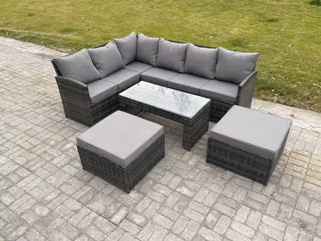 Fimous Rattan Garden Furniture Set with High Back Corner Sofa, Oblong Coffee Table and 2 Ottomans in Dark Grey