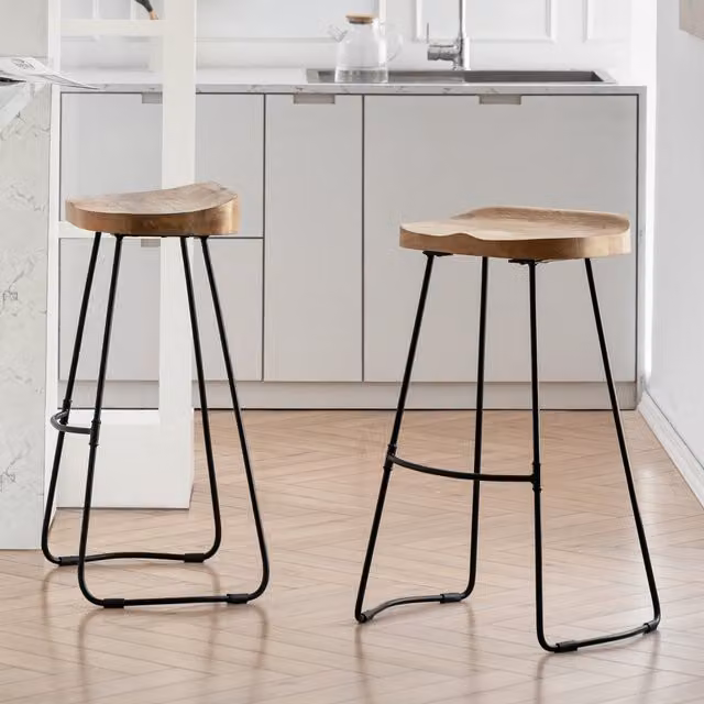 MH London Lara Saddle Solid Mango Wood Seat Bar Stools, Set of 2, Brown