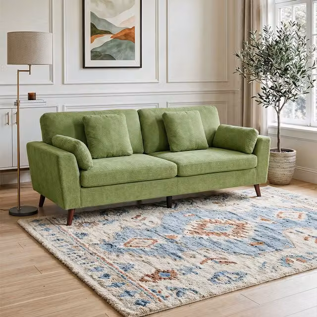 Livingandhome Modern 2-Seater Green Fabric Upholstered Sofa with Scatter Cushions