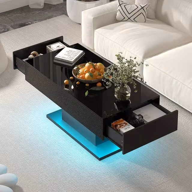 KEEPREAPER Rectangular LED Coffee Table with 2 Drawers in Black High Gloss Wood, W/D/H: 110 x 55 x 50 cm
