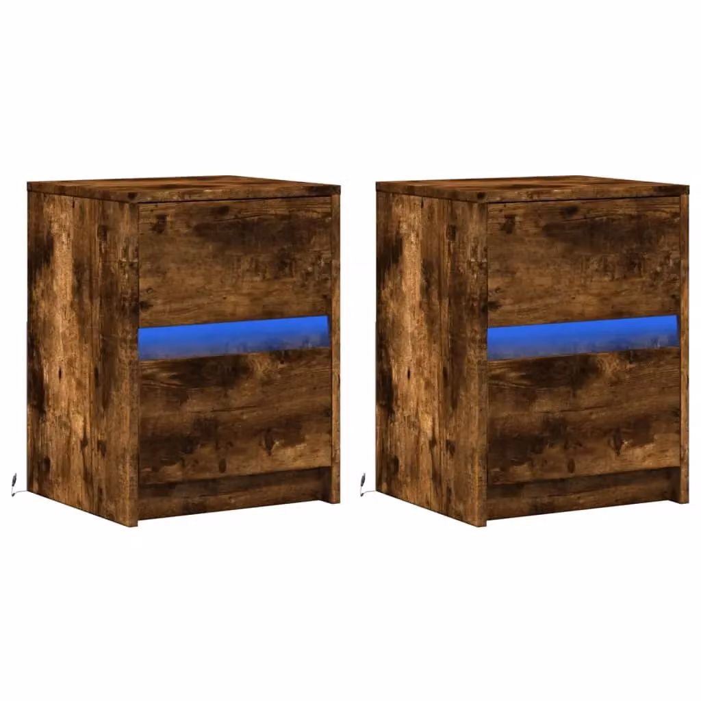 Berkfield Home Set of 2 Modern Smoked Oak Bedside Cabinets with Integrated LED Lights in Brown – 3