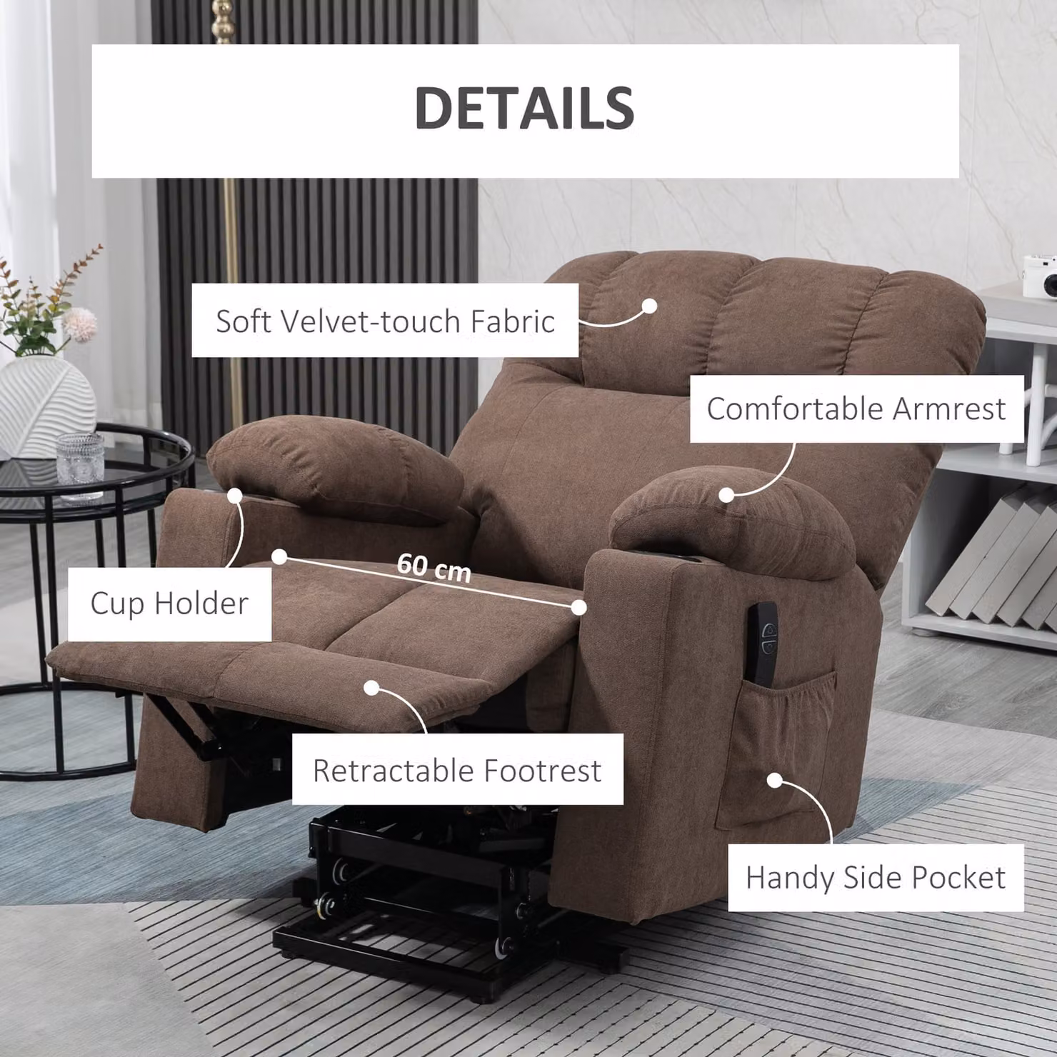 HOMCOM Electric Power Lift Riser and Recliner Chair for Seniors in Brown Velvet – 6
