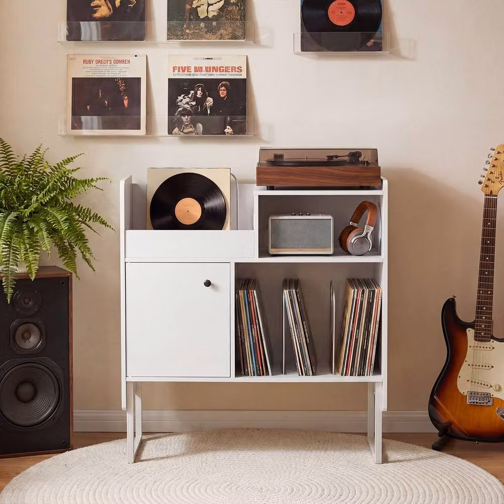 Costway Modern Record Player Stand with Power Outlets and Media Compartments in White – 2