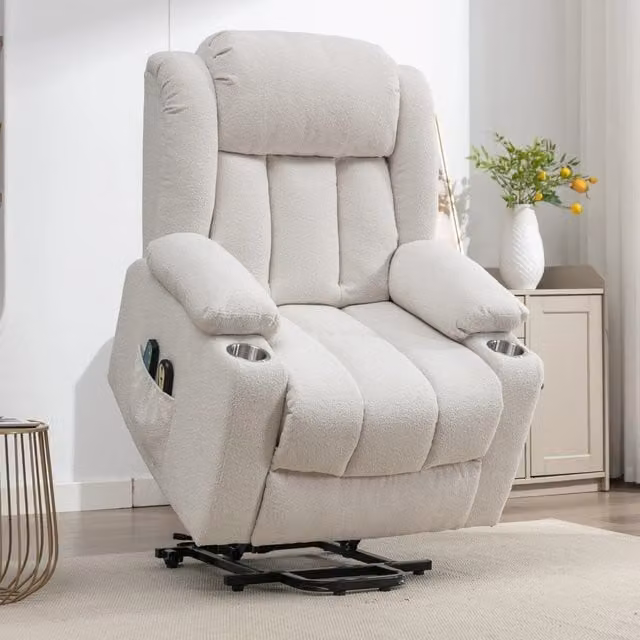 Artemis Home Lovell Electric Lift Assist Riser Recliner TV Chair in Beige and White Bouclé Fabric
