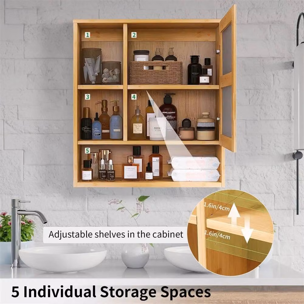 PAWNORA Bamboo Bathroom Mirror Cabinet in Brown with Hinged Doors and Internal Shelves – 4