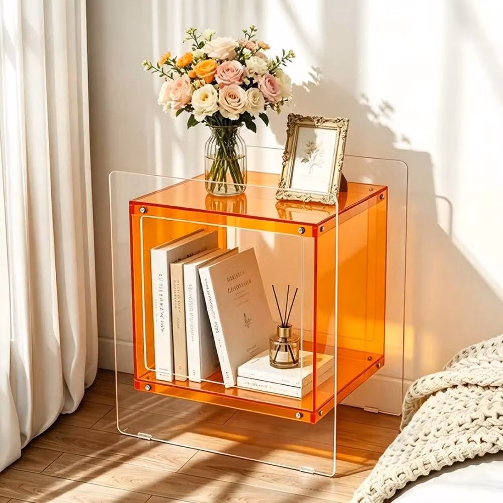 NESTLUNE Orange Transparent Acrylic Nightstand with Storage Shelf, W/D/H: 100 x 100 x 100 cm – 3