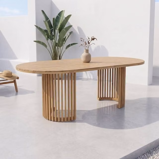 Sweekeek Modern Oval Acacia Wood Garden Table in Beige for 6 Adults