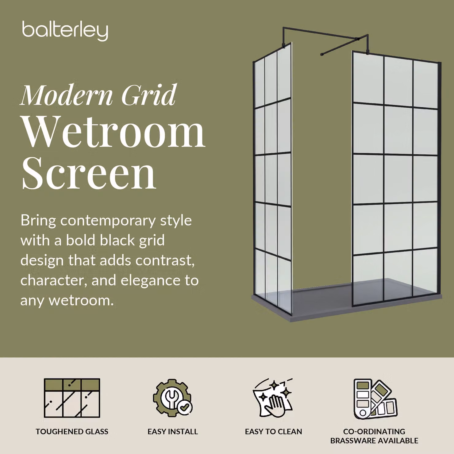Balterley 8mm Glass Walk-In Wetroom Screen and Tray Set, Black and Grey, W: 1400 mm, D: 800 mm – 2