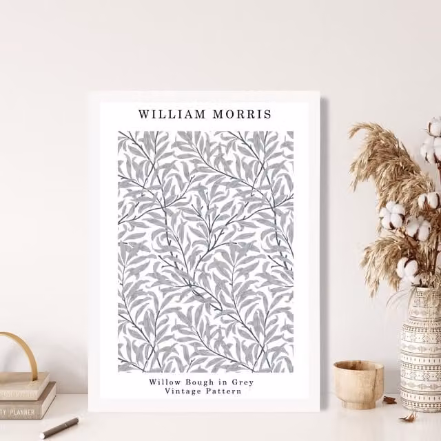 ARTZE William Morris Willow Floral Art Print in Grey with White Frame, A2 Size