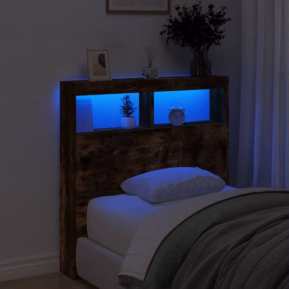 Berkfield Home Headboard Cabinet with LED in Smoked Oak, Brown, W/D/H: 100 x 17 x 102 cm – 4
