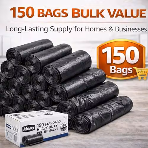 Hero Heavy Duty Recycled Black Bin Bags, 75L, Pack of 150 – 6