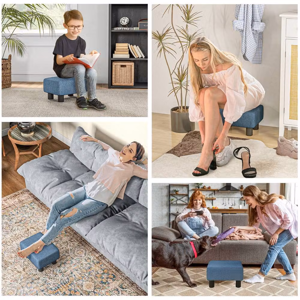 STILVORA Modern Rectangular Blue Fabric Footstool with Wooden Frame – 3
