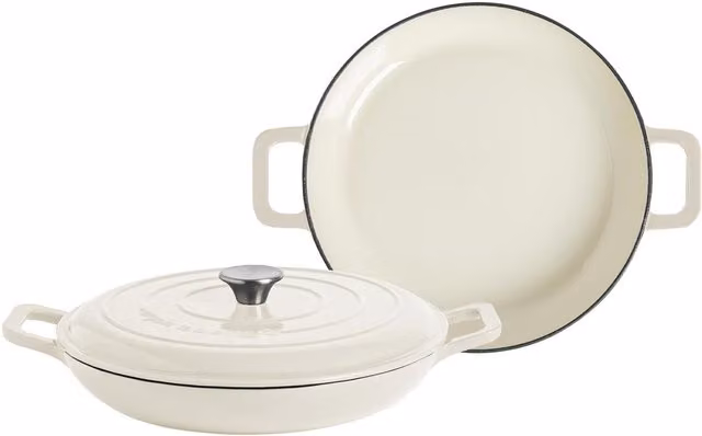 Argon Tableware Pack of 2 Shallow Cast Iron Casserole Dishes in Pebble Gloss White