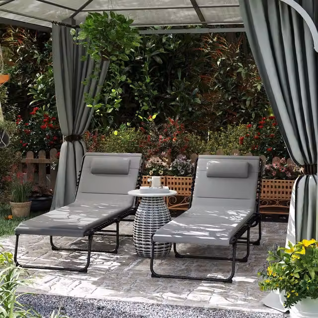 Outsunny Set of 2 Folding Sun Loungers in Light Grey with Adjustable Headrests and Powder Coated Steel Frame