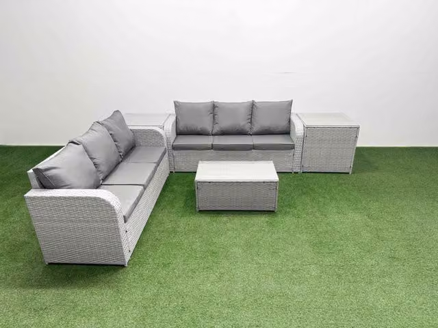 Fimous 6 Seater Grey Wicker Rattan Garden Furniture Set with High Back Lounge Sofa, Rectangular Coffee Table and 2 Side Tables