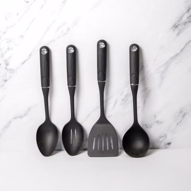 MasterClass 4-Piece Black Nylon Kitchen Utensil Set with Non-Scratch Spoons, Ladle and Turner