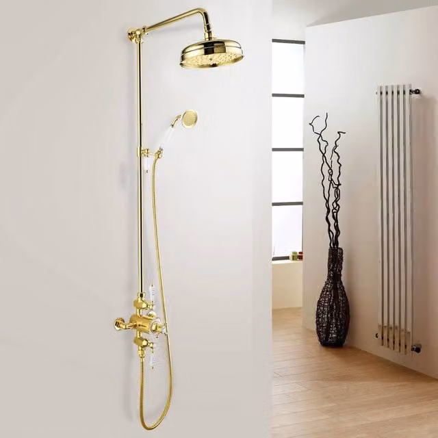 Nes Home Gold Enora Traditional Exposed Thermostatic Shower Set in Gold with Riser Rail and Round Handset – 1