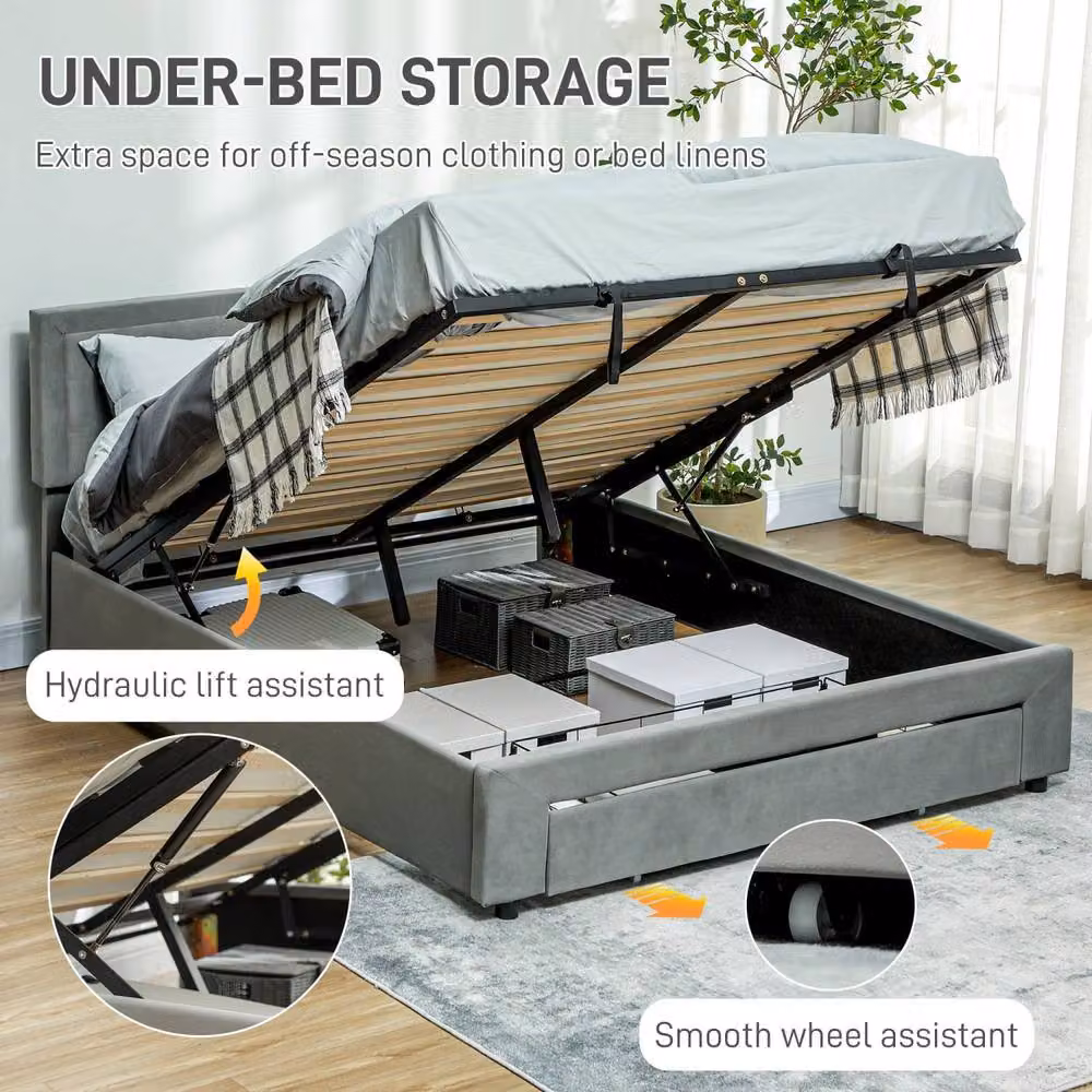 Wyld Haus Rela Double Ottoman Bed Frame with Lift Up Storage and Front Divan in Grey, W/D/H: 140 x 200 x 104 cm – 4