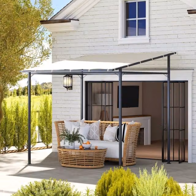 Outsunny White Wall Mounted Lean-to Pergola Gazebo with Pent Roof