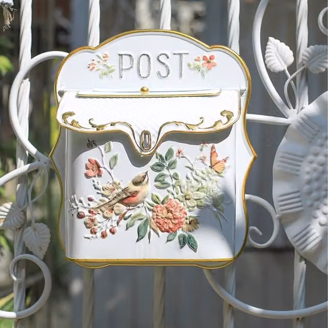 All Chic Vintage Metal Wall Mounted Decorative Post Box in White and Gold