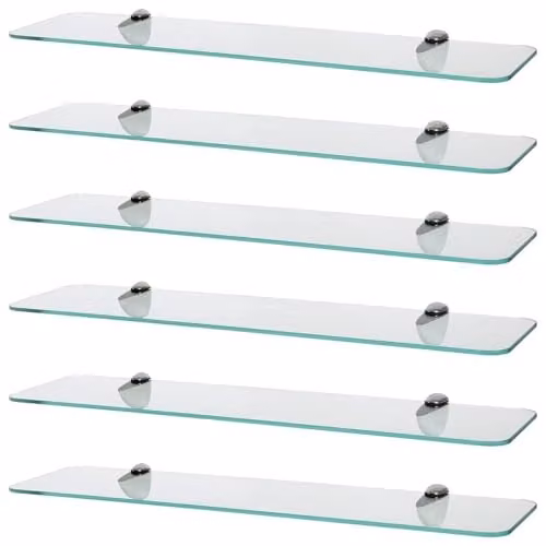 Harbour Housewares Set of 6 Rounded Floating Glass Bathroom Shelves in Silver and Transparent, Width: 60 cm