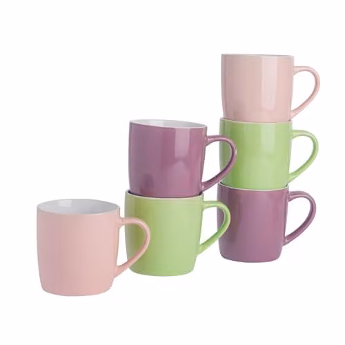 Argon Tableware 6-Piece Ceramic Mug Set in Pink, Green, Purple and Multicolour, 350ml