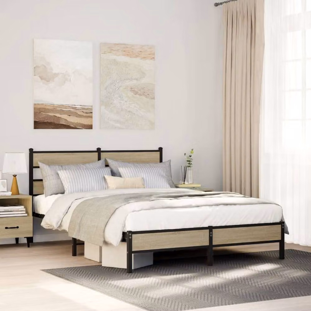 Berkfield Home Elegant Bed Frame in Sonoma Oak and Metal, Beige, W: 150 cm, D: 200 cm, H: 91.5 cm – 2
