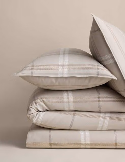 M&S Beige Checked Brushed Cotton Flannelette Bedding Set, 140 x 200 cm
