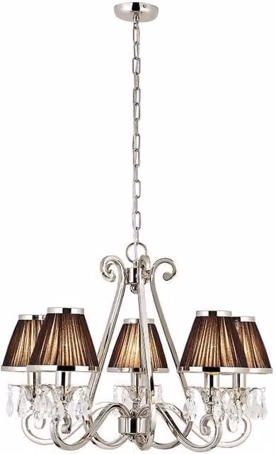Interiors 1900 Oksana 5 Light Multi Arm Ceiling Pendant Chandelier in Polished Nickel with Crystal, Diameter: 65 cm