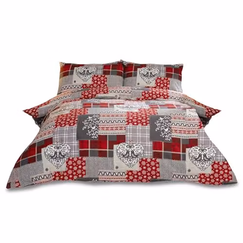 Rapport Home Alpine Patchwork Flannelette Cotton Duvet Cover and Pillowcase Set, Red/Grey/Multicolour, W/H: 135 x 200 cm, Pillowcase: 50 x 75 cm