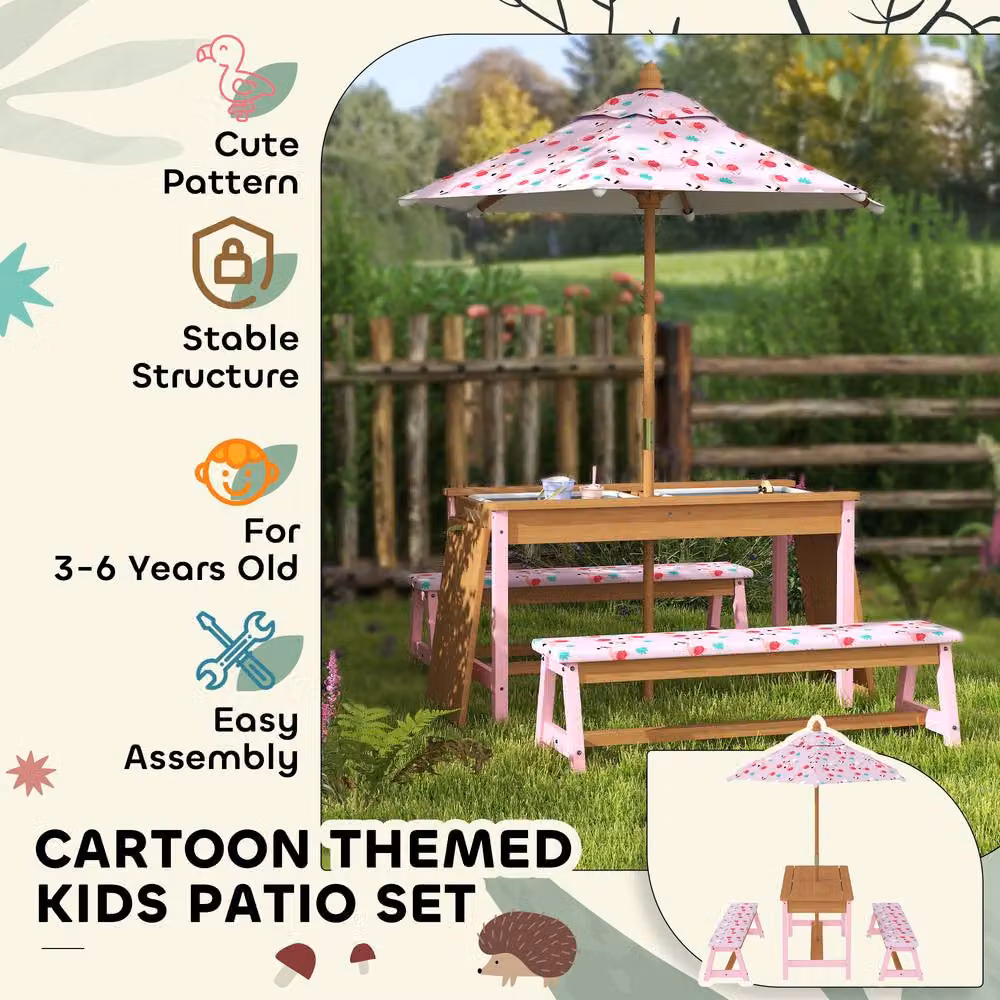 STILVORA Kids Picnic Table Set with Foldable Umbrella in Pink – 6