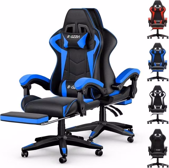 Gartistgo Ergonomic Gaming Chair in Blue with Footrest, Headrest and Armrests – 1