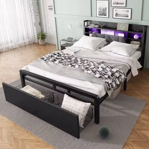 Matteo Black Metal Double Bed with Multi-Colour LED Strip Lights, USB Charging Port and Drawers, W/D/H: 140 x 200 cm – 1